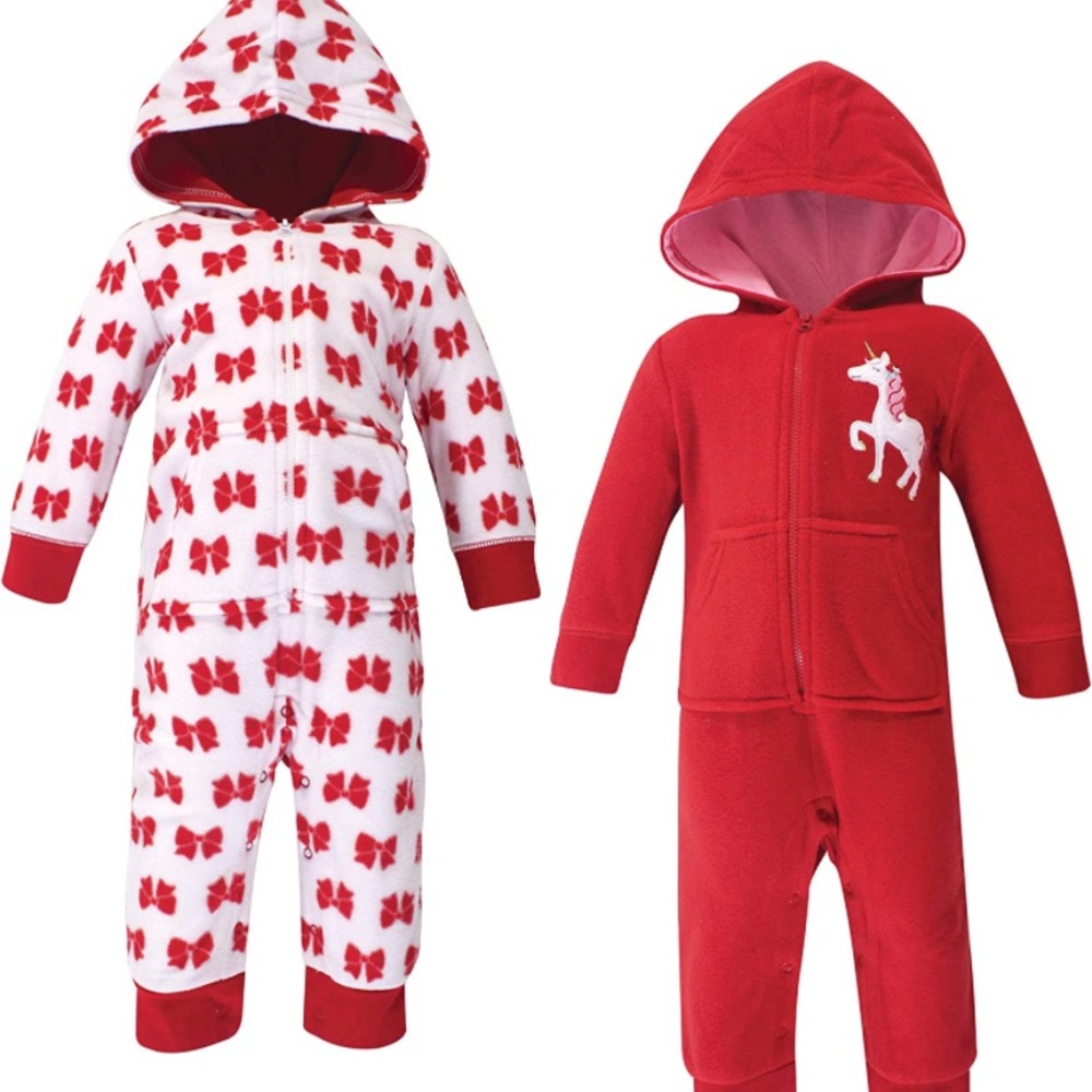 Baby girls pajamas sleep and play zip up hooded hood red bowsunicorn